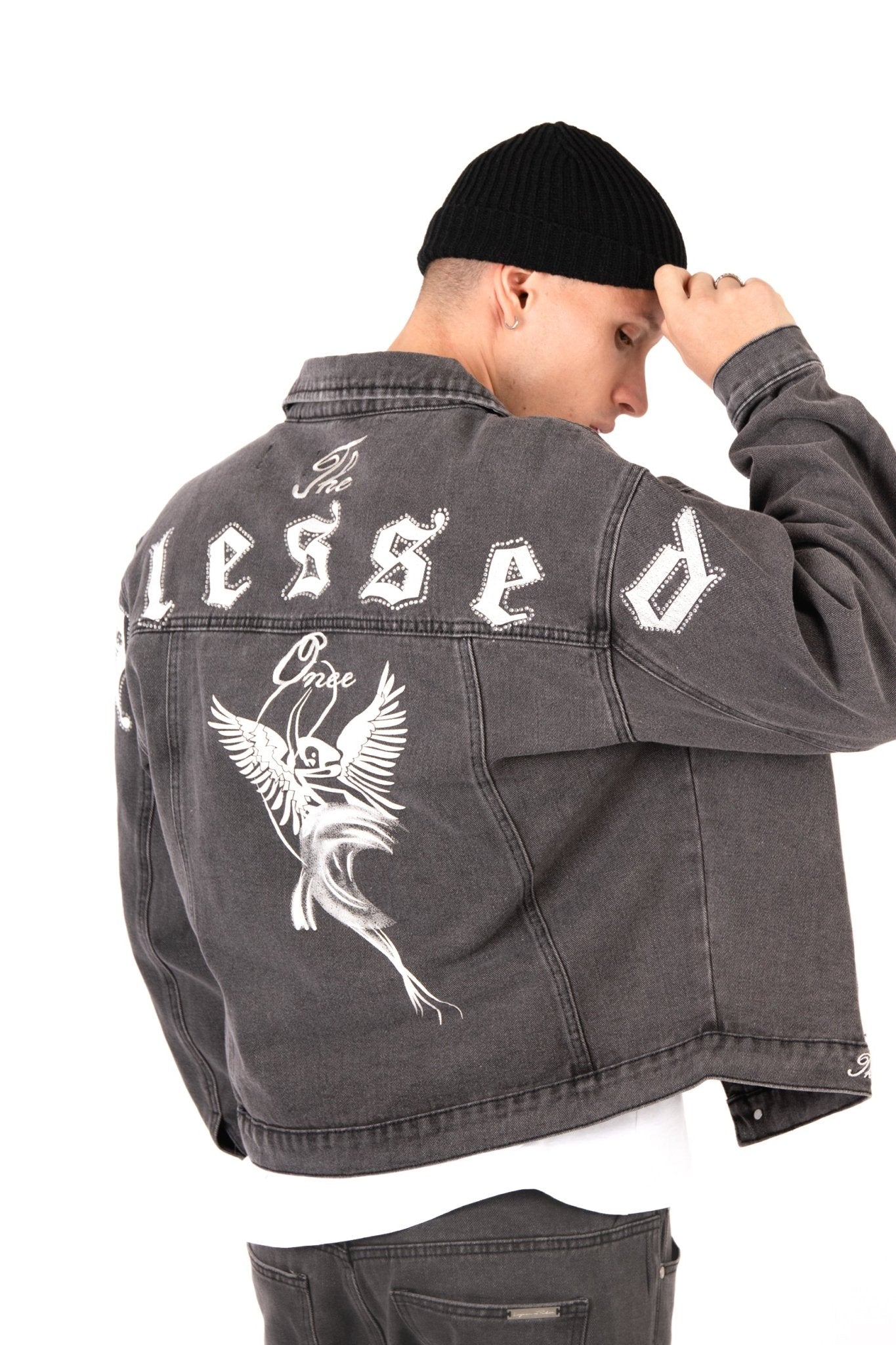 Washed Black 'The Blessed One' Motif Printed Denim Jacket - Liquor n Poker