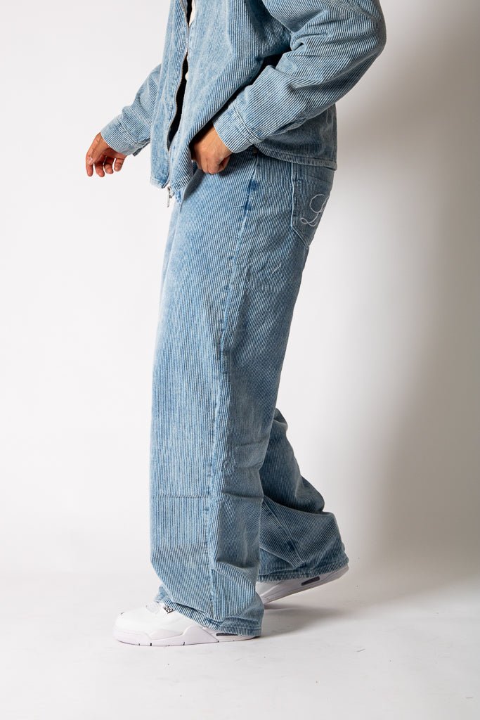 Washed Blue Corduroy Baggy Jeans With Back Pocket Logo Embroidery - Liquor n Poker