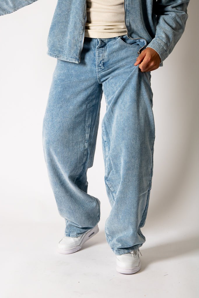 Washed Blue Corduroy Baggy Jeans With Back Pocket Logo Embroidery - Liquor n Poker