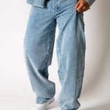 Washed Blue Corduroy Baggy Jeans With Back Pocket Logo Embroidery - Liquor n Poker