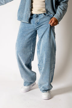 Washed Blue Corduroy Baggy Jeans With Back Pocket Logo Embroidery - Liquor n Poker