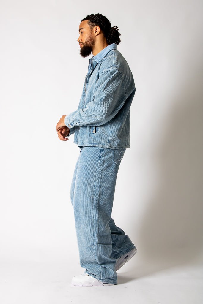 Washed Blue Corduroy Baggy Jeans With Back Pocket Logo Embroidery - Liquor n Poker