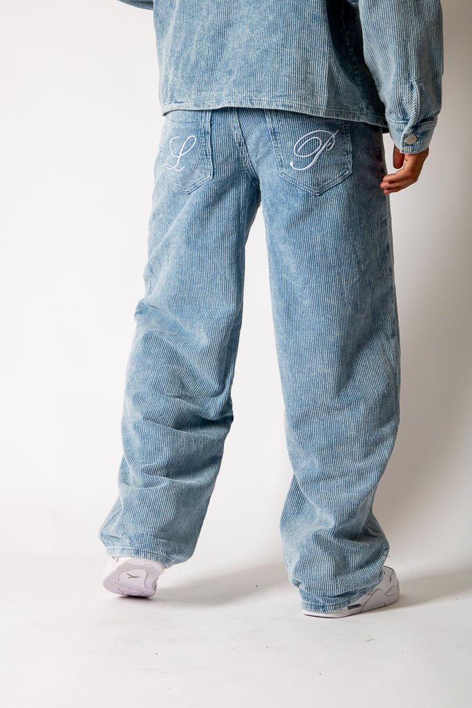 Washed Blue Corduroy Baggy Jeans With Back Pocket Logo Embroidery - Liquor n Poker