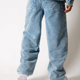 Washed Blue Corduroy Baggy Jeans With Back Pocket Logo Embroidery - Liquor n Poker