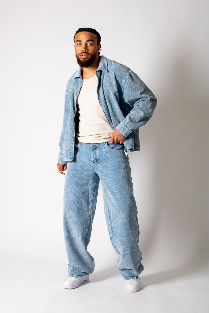 Washed Blue Corduroy Baggy Jeans With Back Pocket Logo Embroidery - Liquor n Poker