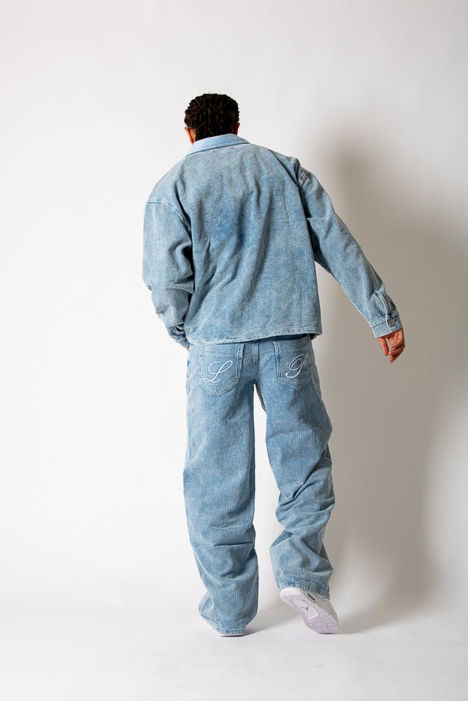 Washed Blue Corduroy Baggy Jeans With Back Pocket Logo Embroidery - Liquor n Poker