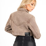 Washed Brown Stud Detail Cropped Denim Jacket - Liquor n Poker