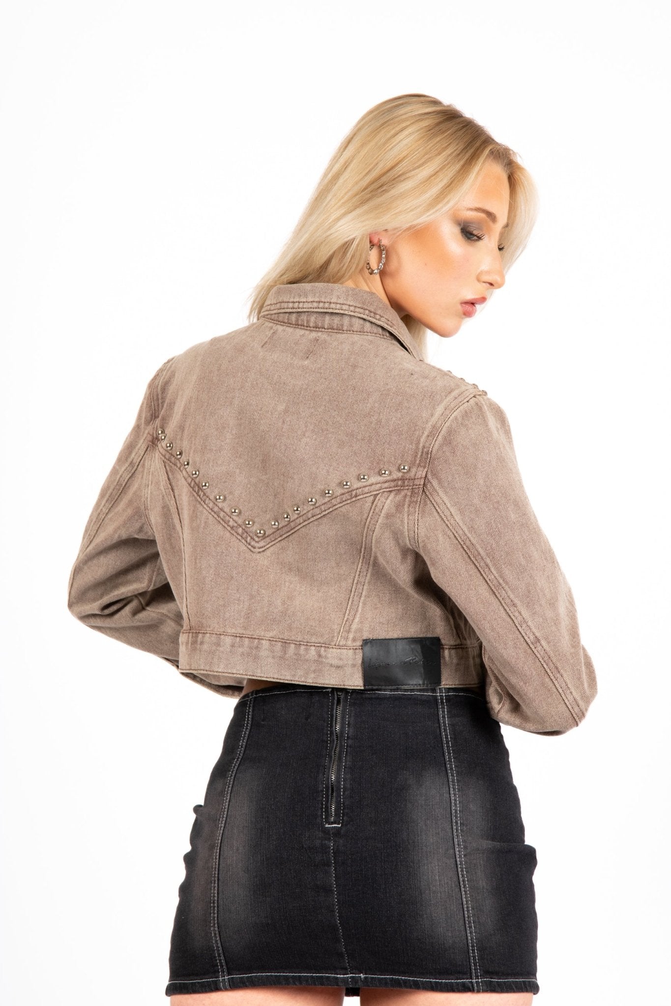 Washed Brown Stud Detail Cropped Denim Jacket - Liquor n Poker
