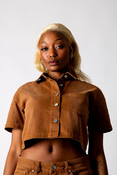 Washed Chocolate Boxy Cropped Denim Shirt - Liquor n Poker