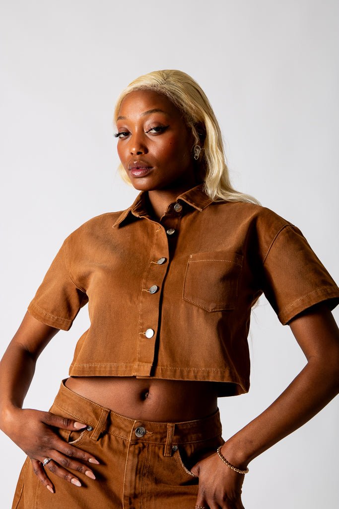 Washed Chocolate Boxy Cropped Denim Shirt - Liquor n Poker