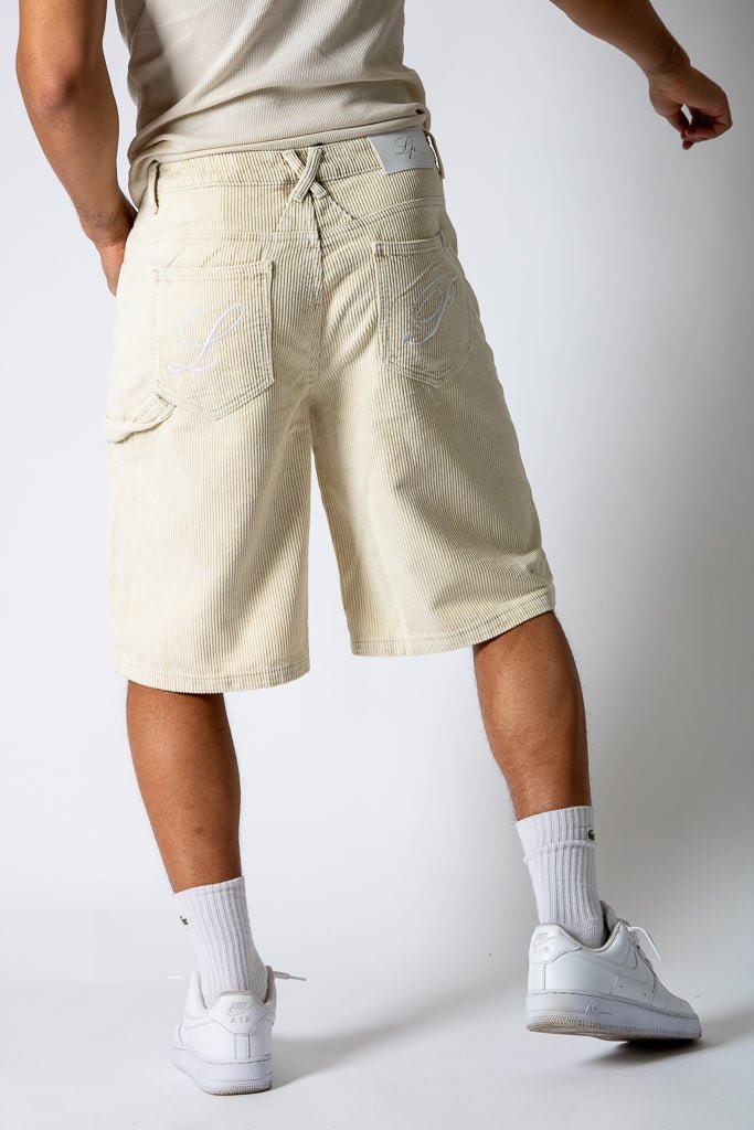 washed corduroy carpenter jorts in beige - Liquor n Poker