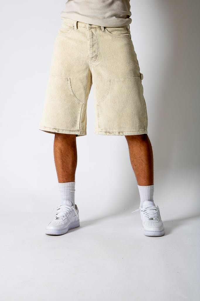 washed corduroy carpenter jorts in beige - Liquor n Poker