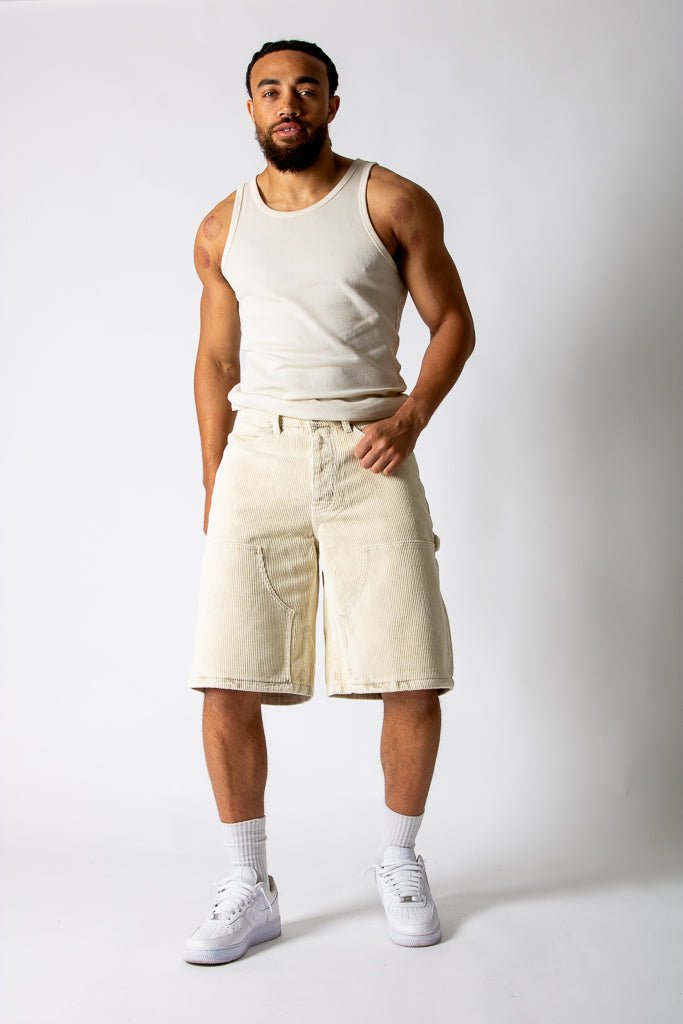 washed corduroy carpenter jorts in beige - Liquor n Poker