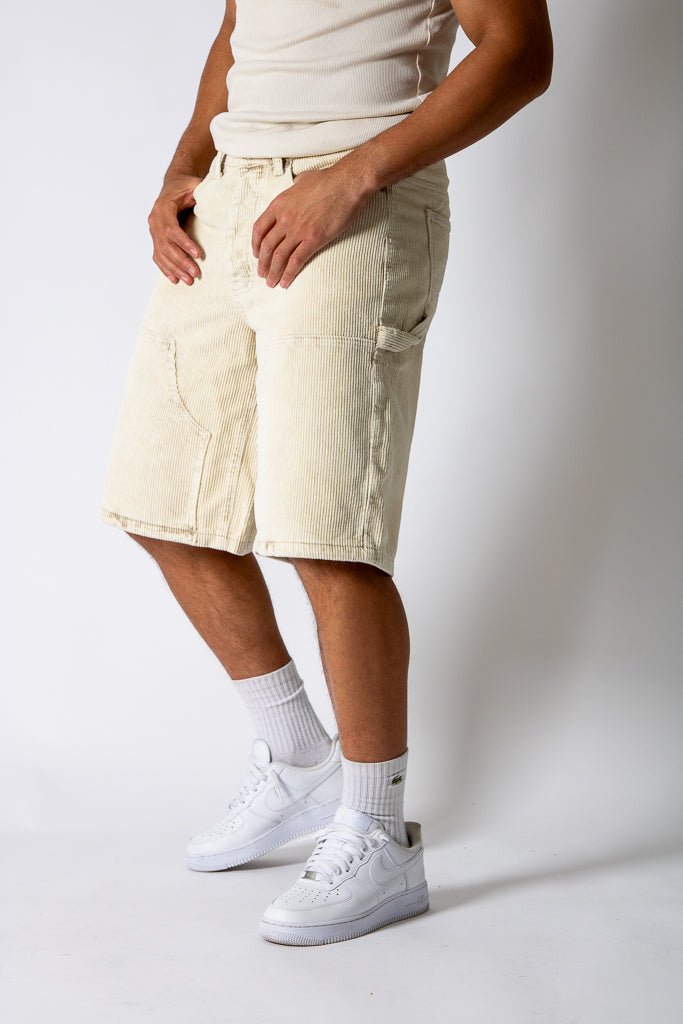washed corduroy carpenter jorts in beige - Liquor n Poker