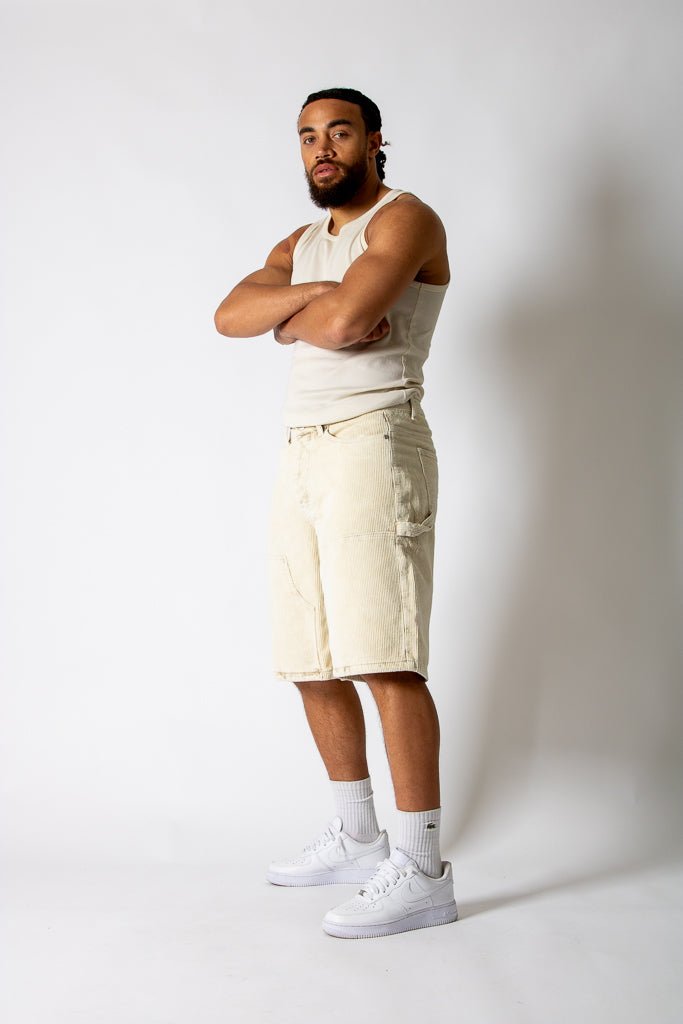 washed corduroy carpenter jorts in beige - Liquor n Poker