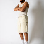 washed corduroy carpenter jorts in beige - Liquor n Poker