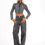 Washed Grey Rip & Repair Rapture Stitch Cropped Jacket - Liquor n Poker