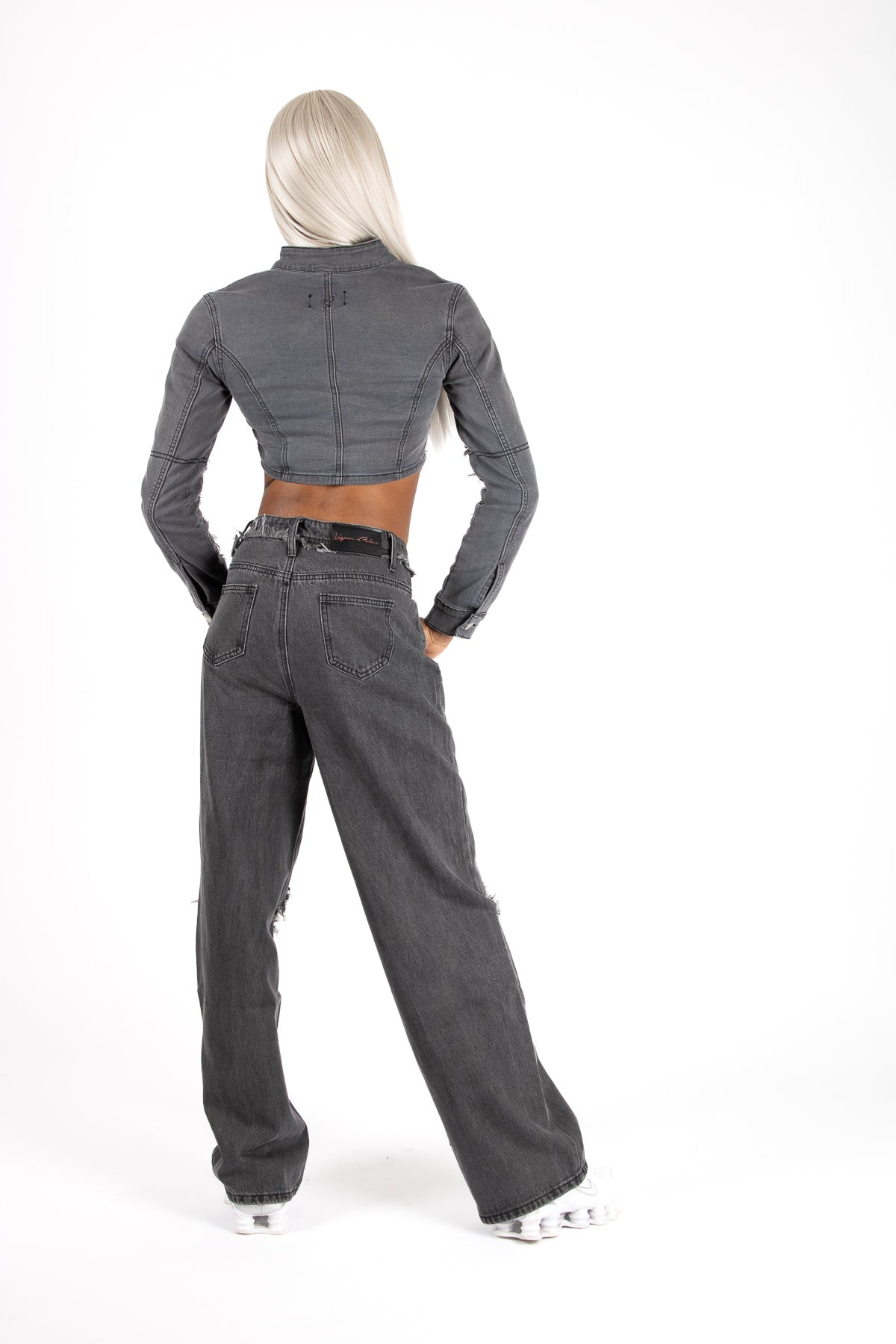 Washed Grey Rip & Repair Rapture Stitch Cropped Jacket - Liquor n Poker