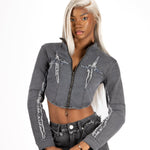 Washed Grey Rip & Repair Rapture Stitch Cropped Jacket - Liquor n Poker
