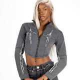 Washed Grey Rip & Repair Rapture Stitch Cropped Jacket - Liquor n Poker