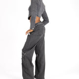 Washed Grey Rip & Repair Rapture Stitch Cropped Jacket - Liquor n Poker