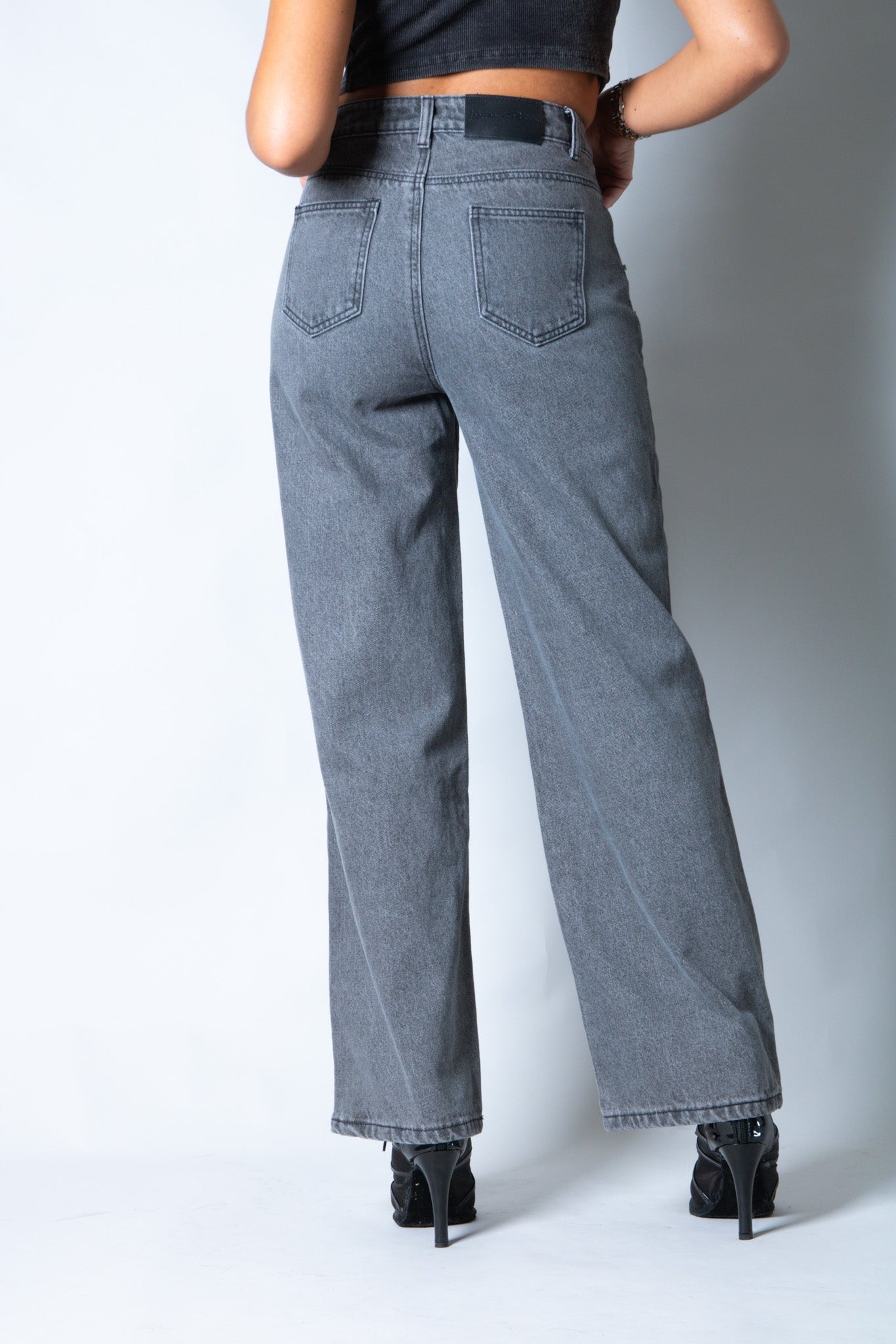 Washed Grey Stud Detail Mid Rise Straight Leg Jeans - Liquor n Poker