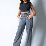 Washed Grey Stud Detail Mid Rise Straight Leg Jeans - Liquor n Poker