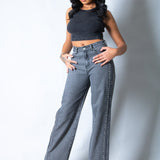 Washed Grey Stud Detail Mid Rise Straight Leg Jeans - Liquor n Poker