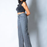 Washed Grey Stud Detail Mid Rise Straight Leg Jeans - Liquor n Poker