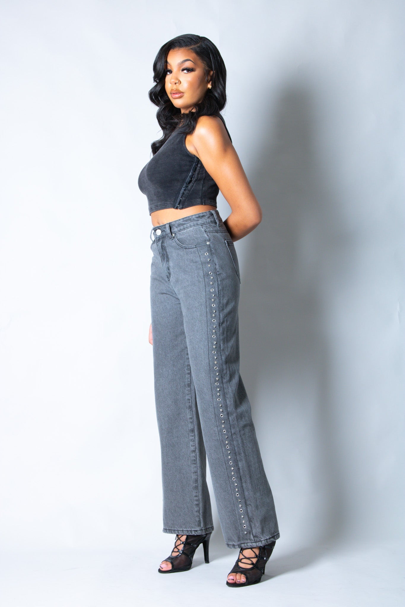 Washed Grey Stud Detail Mid Rise Straight Leg Jeans - Liquor n Poker