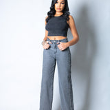 Washed Grey Stud Detail Mid Rise Straight Leg Jeans - Liquor n Poker