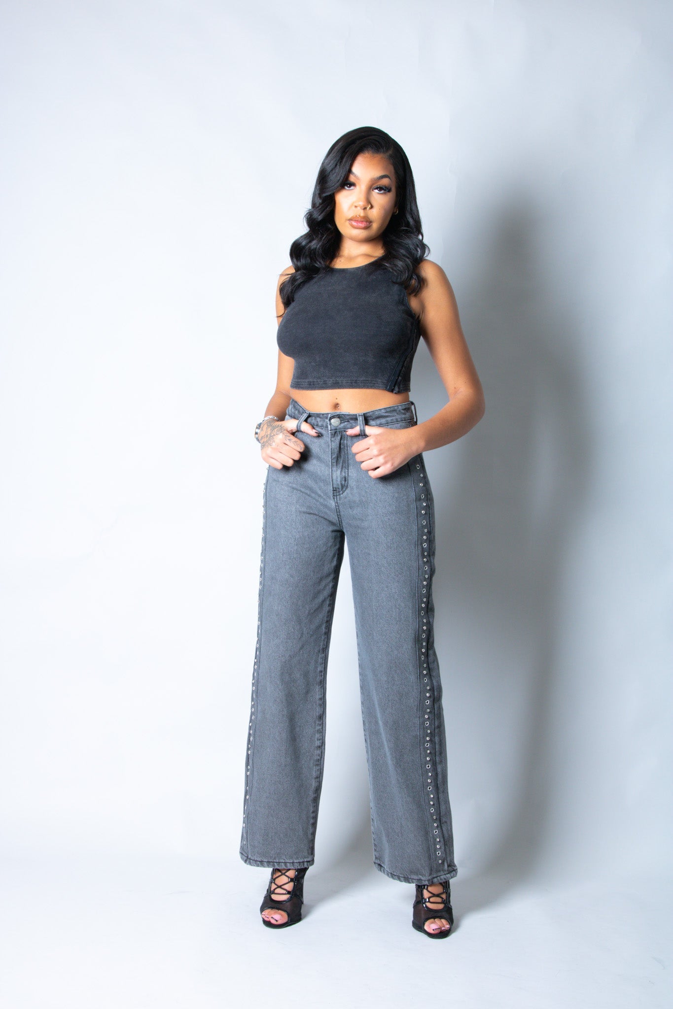 Washed Grey Stud Detail Mid Rise Straight Leg Jeans - Liquor n Poker