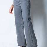 Washed Grey Stud Detail Mid Rise Straight Leg Jeans - Liquor n Poker