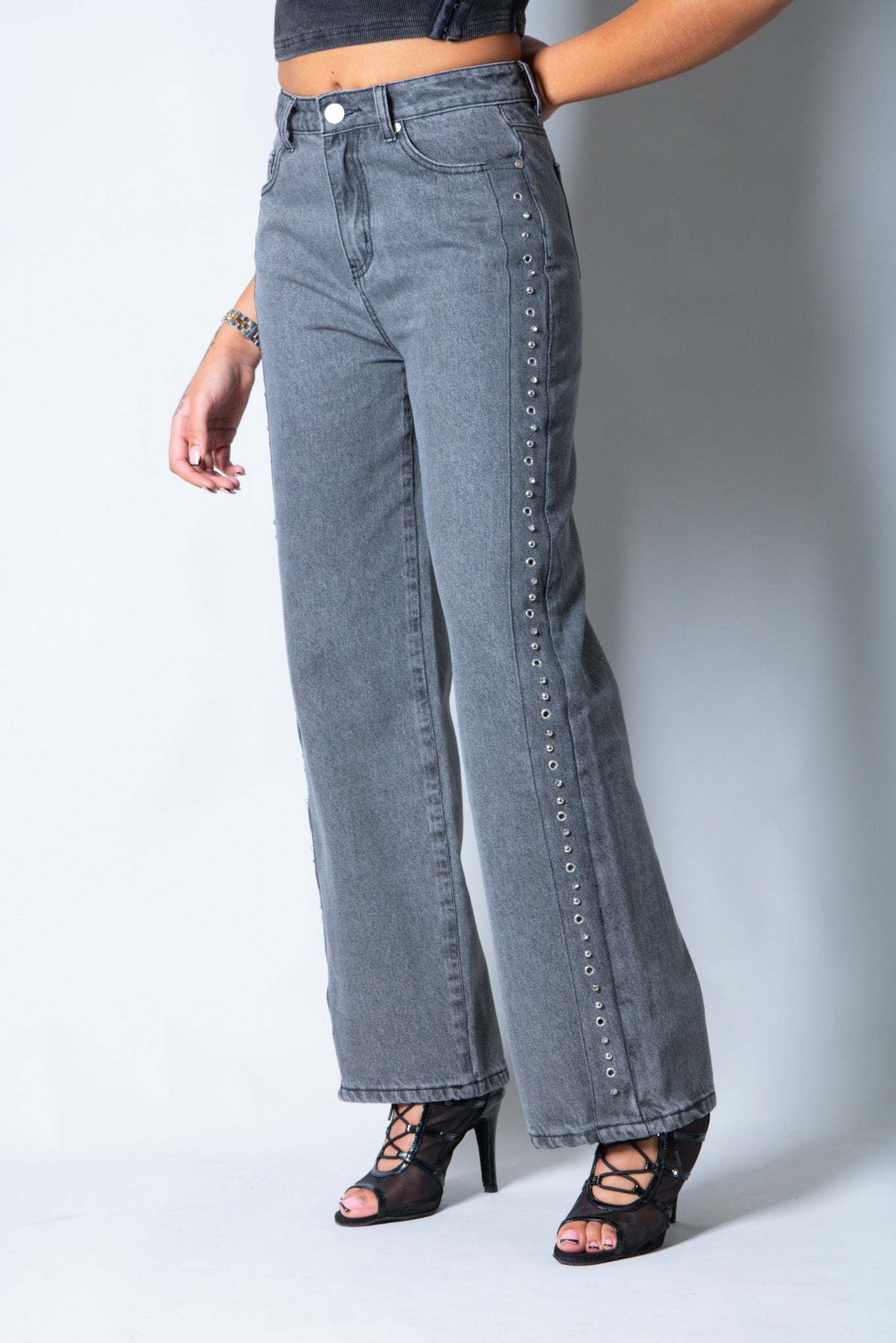 Washed Grey Stud Detail Mid Rise Straight Leg Jeans - Liquor n Poker
