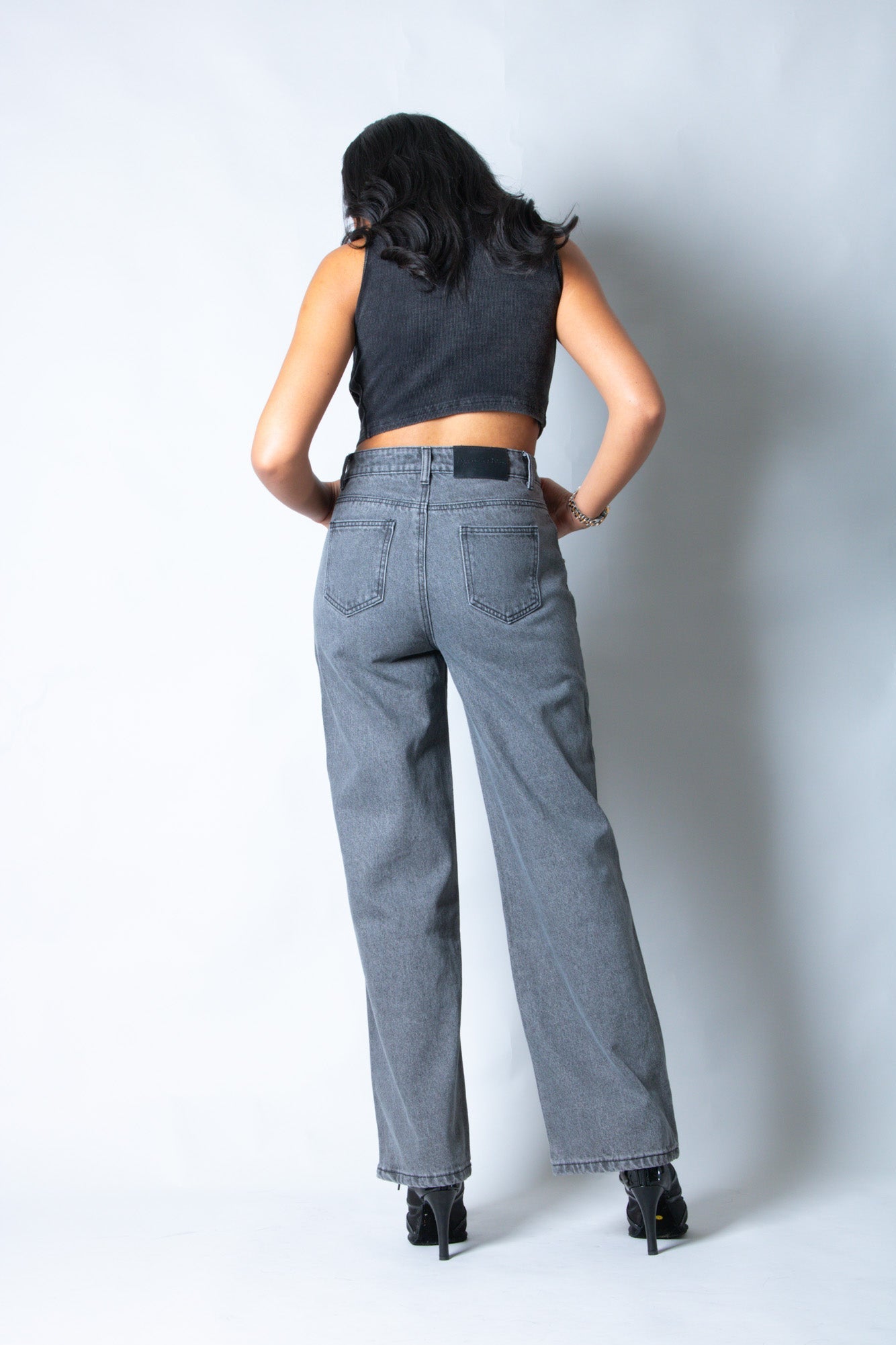 Washed Grey Stud Detail Mid Rise Straight Leg Jeans - Liquor n Poker