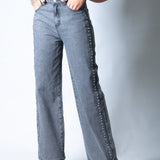 Washed Grey Stud Detail Mid Rise Straight Leg Jeans - Liquor n Poker
