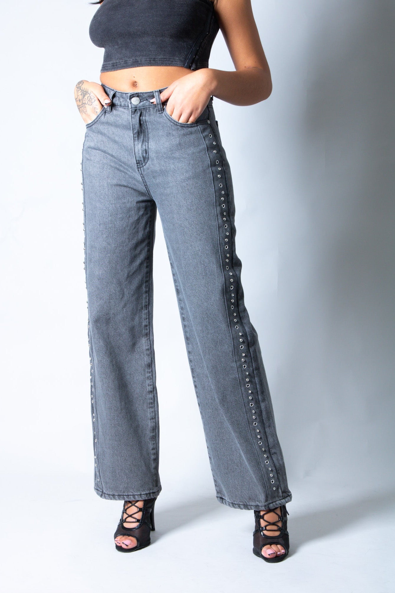 Washed Grey Stud Detail Mid Rise Straight Leg Jeans - Liquor n Poker