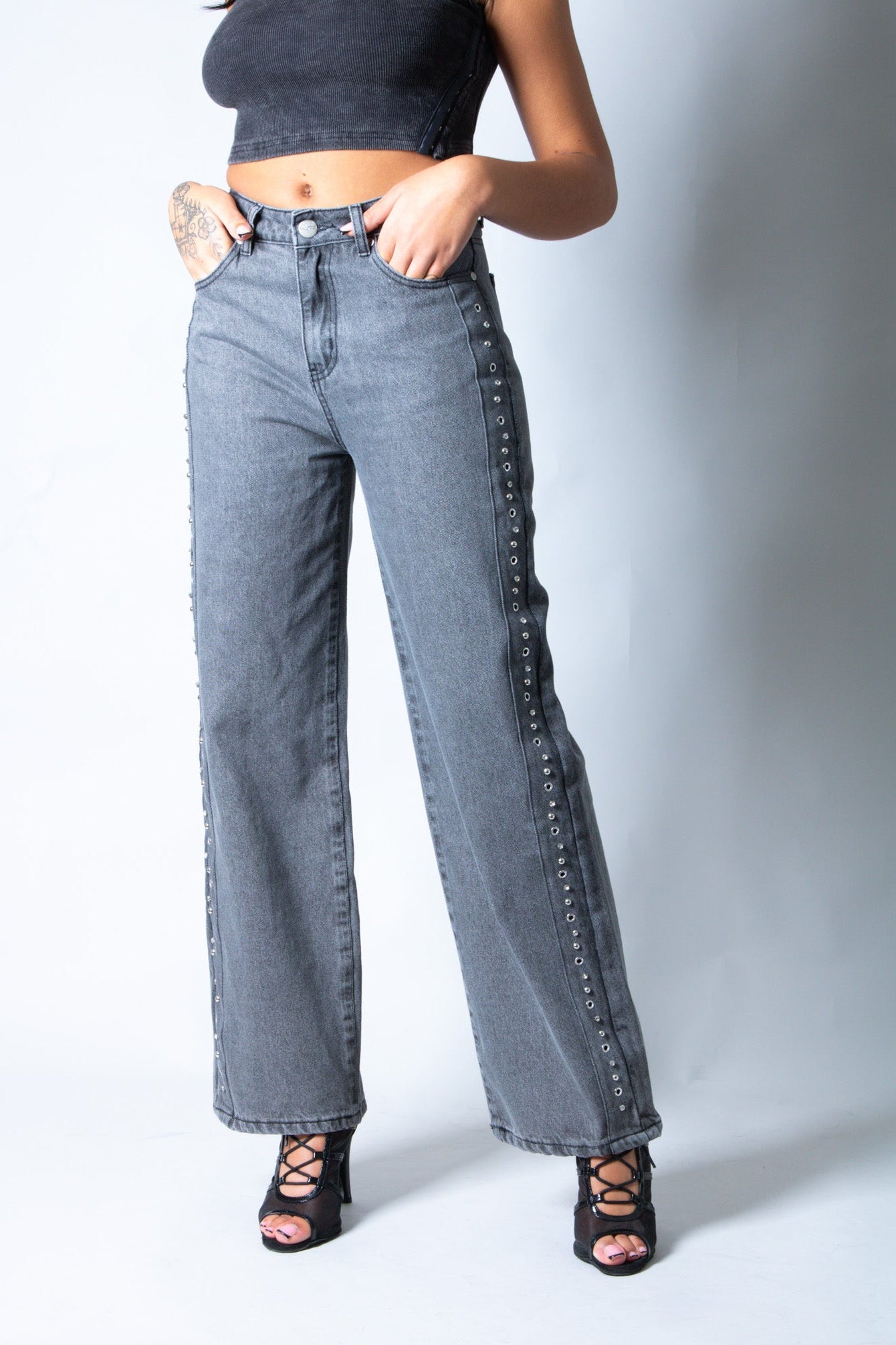 Washed Grey Stud Detail Mid Rise Straight Leg Jeans - Liquor n Poker