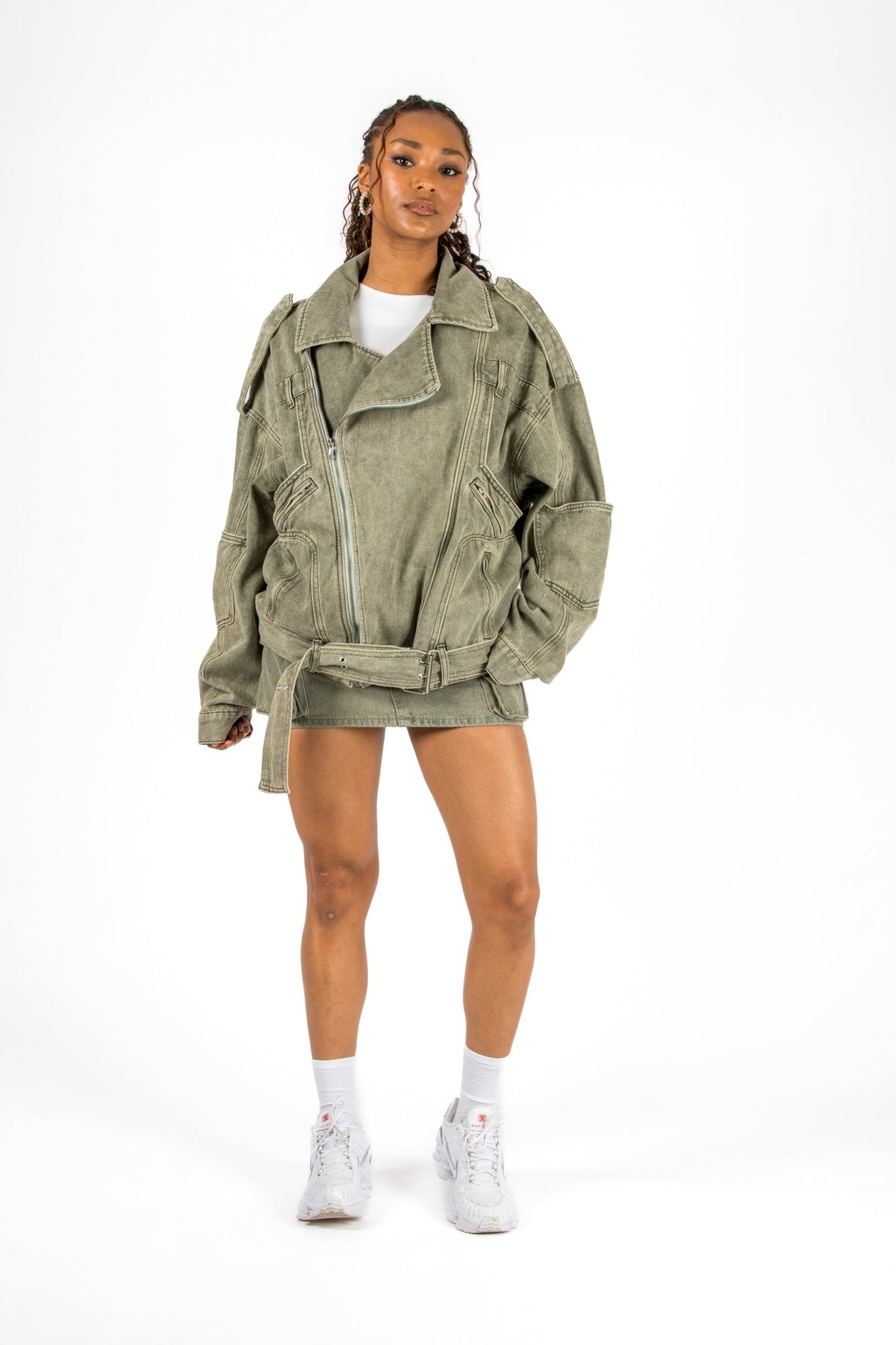 Washed Khaki Oversized Denim Biker Jacket - Liquor n Poker