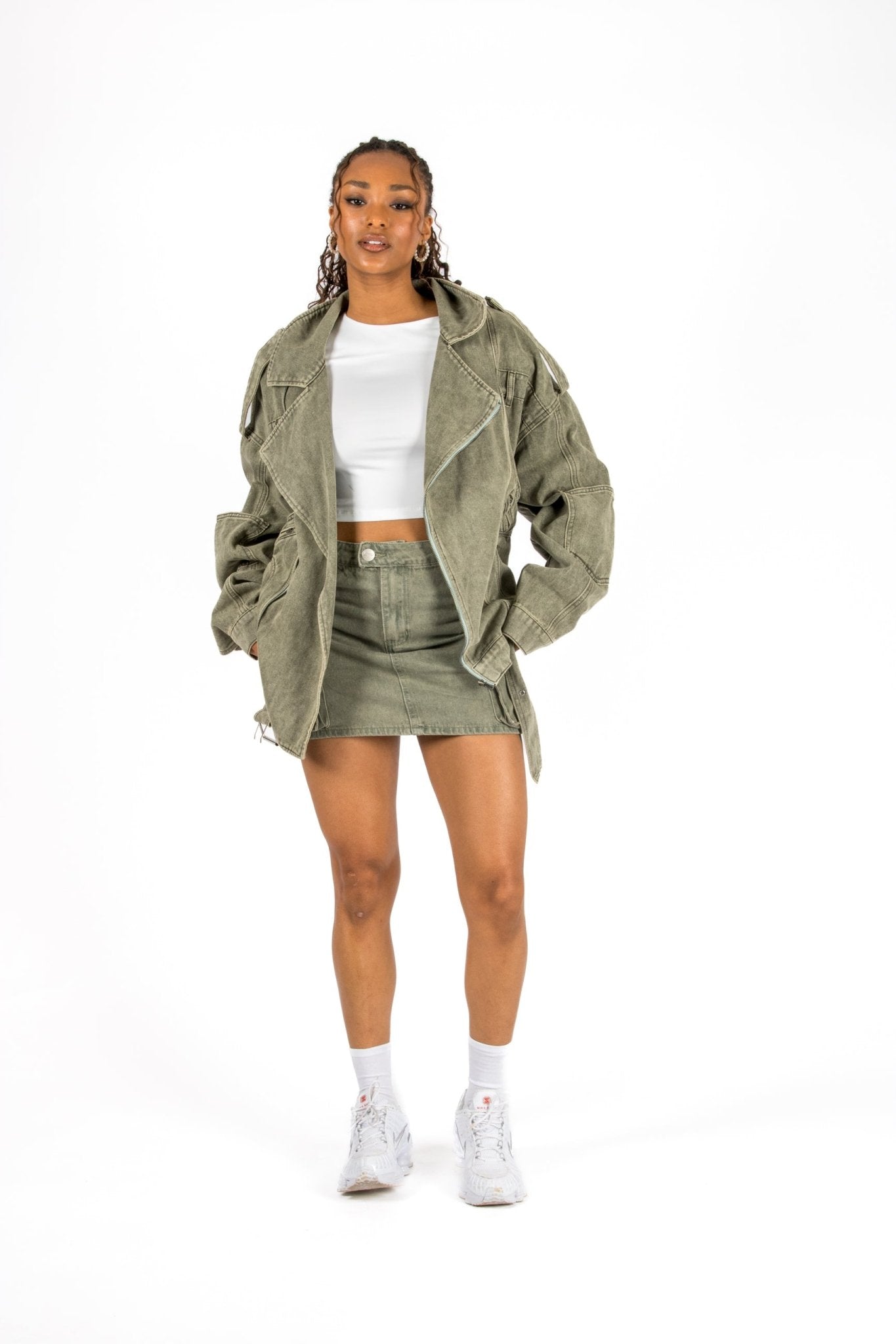 Washed Khaki Oversized Denim Biker Jacket - Liquor n Poker