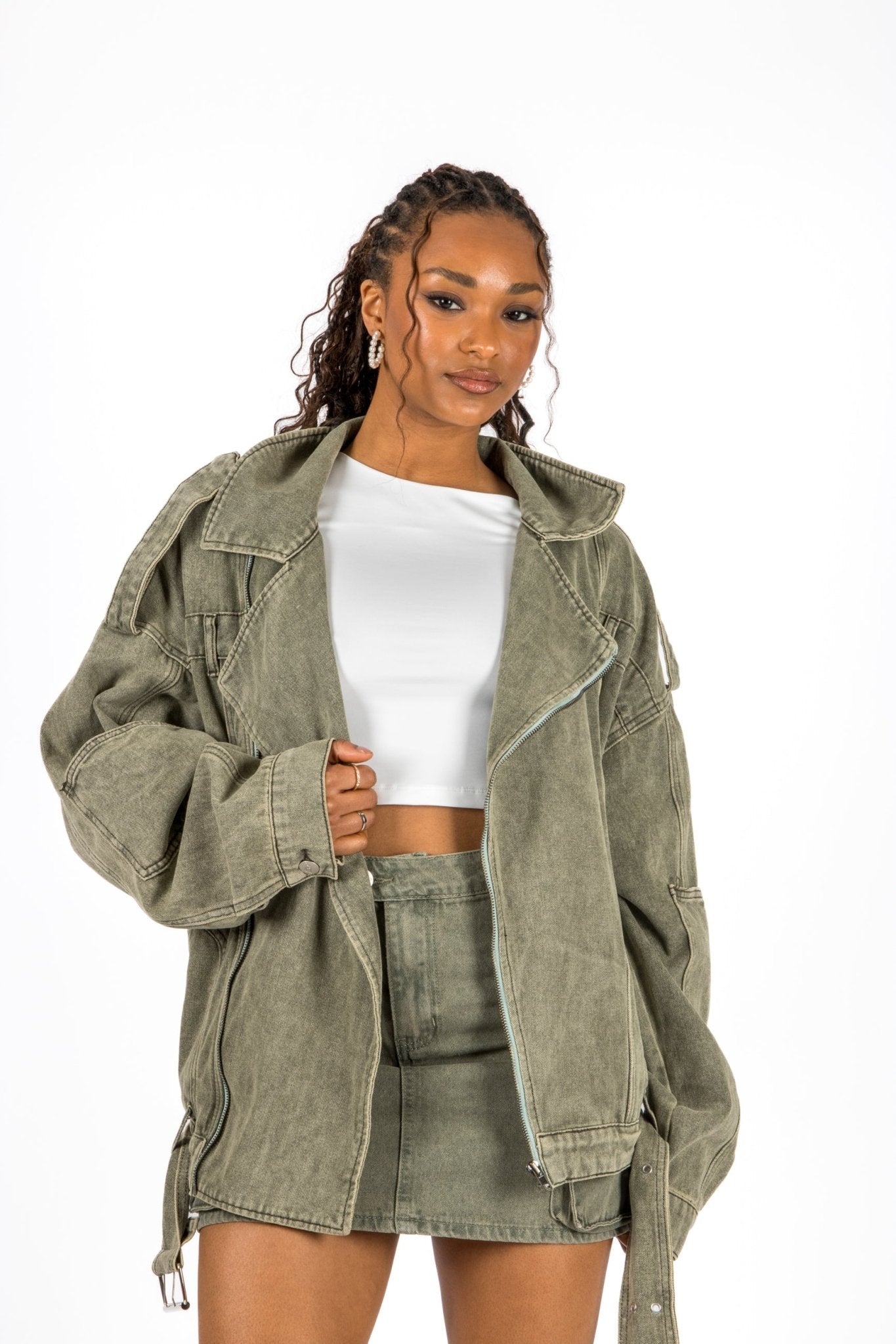 Washed Khaki Oversized Denim Biker Jacket - Liquor n Poker