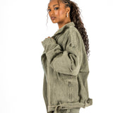 Washed Khaki Oversized Denim Biker Jacket - Liquor n Poker