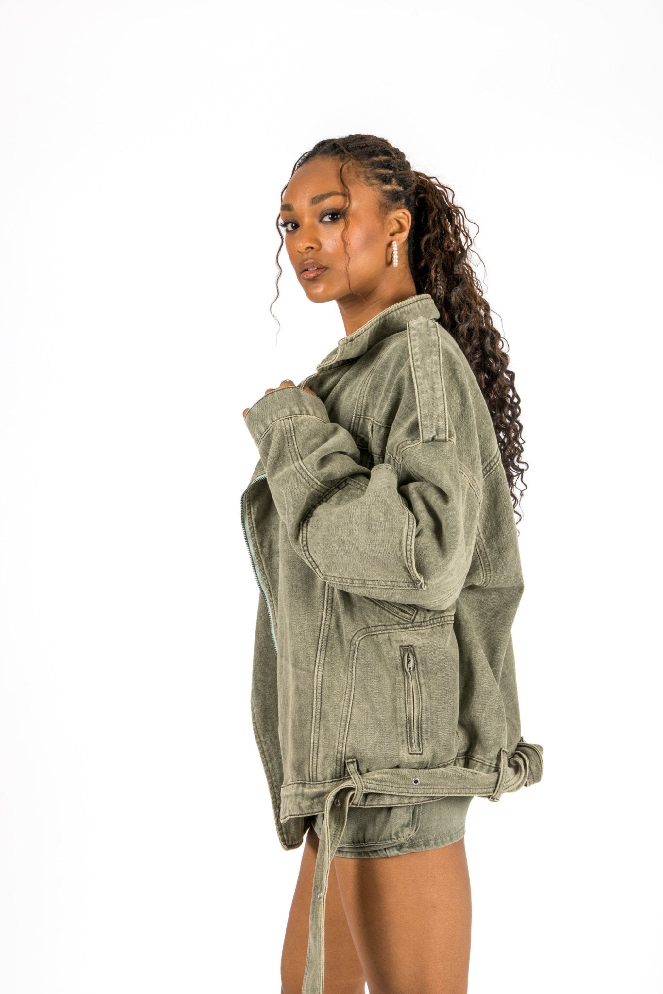 Washed Khaki Oversized Denim Biker Jacket - Liquor n Poker