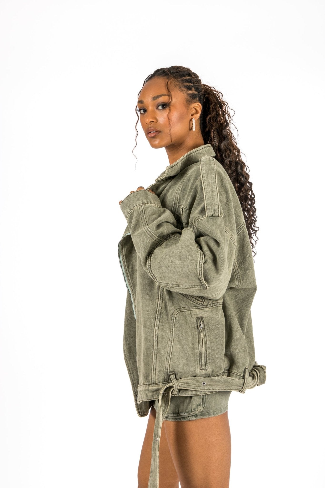 Washed Khaki Oversized Denim Biker Jacket - Liquor n Poker