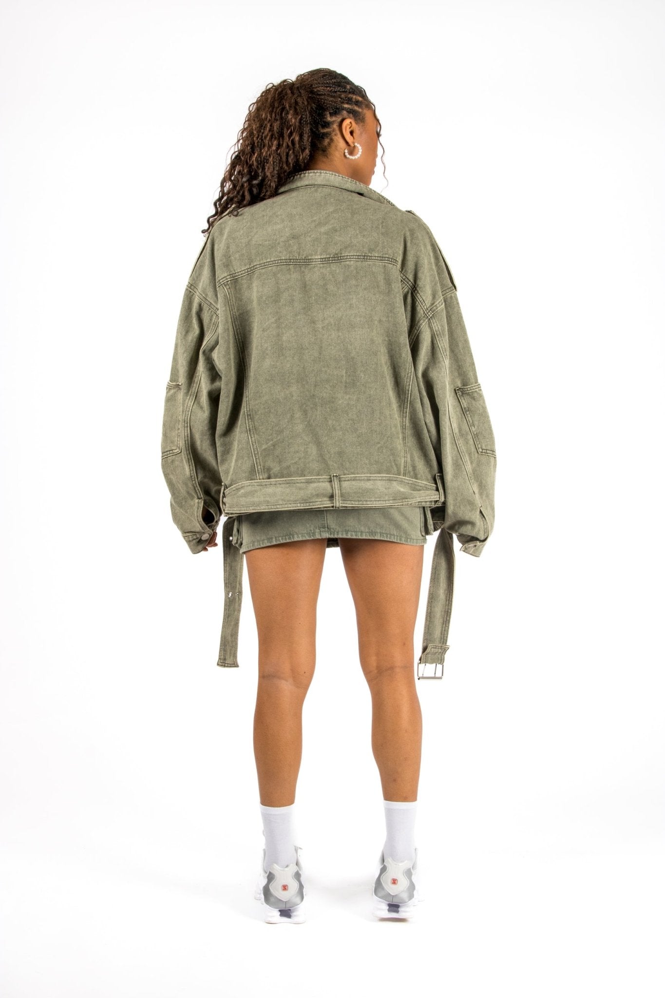 Washed Khaki Oversized Denim Biker Jacket - Liquor n Poker