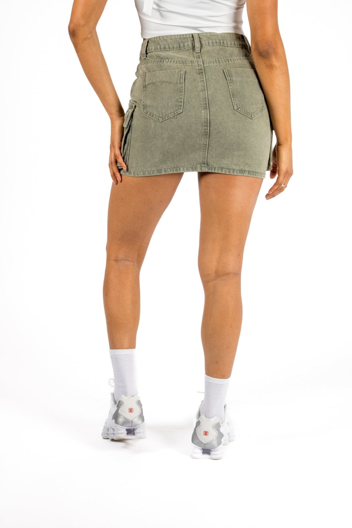 Washed Khaki Utility Denim Mini Skirt - Liquor n Poker
