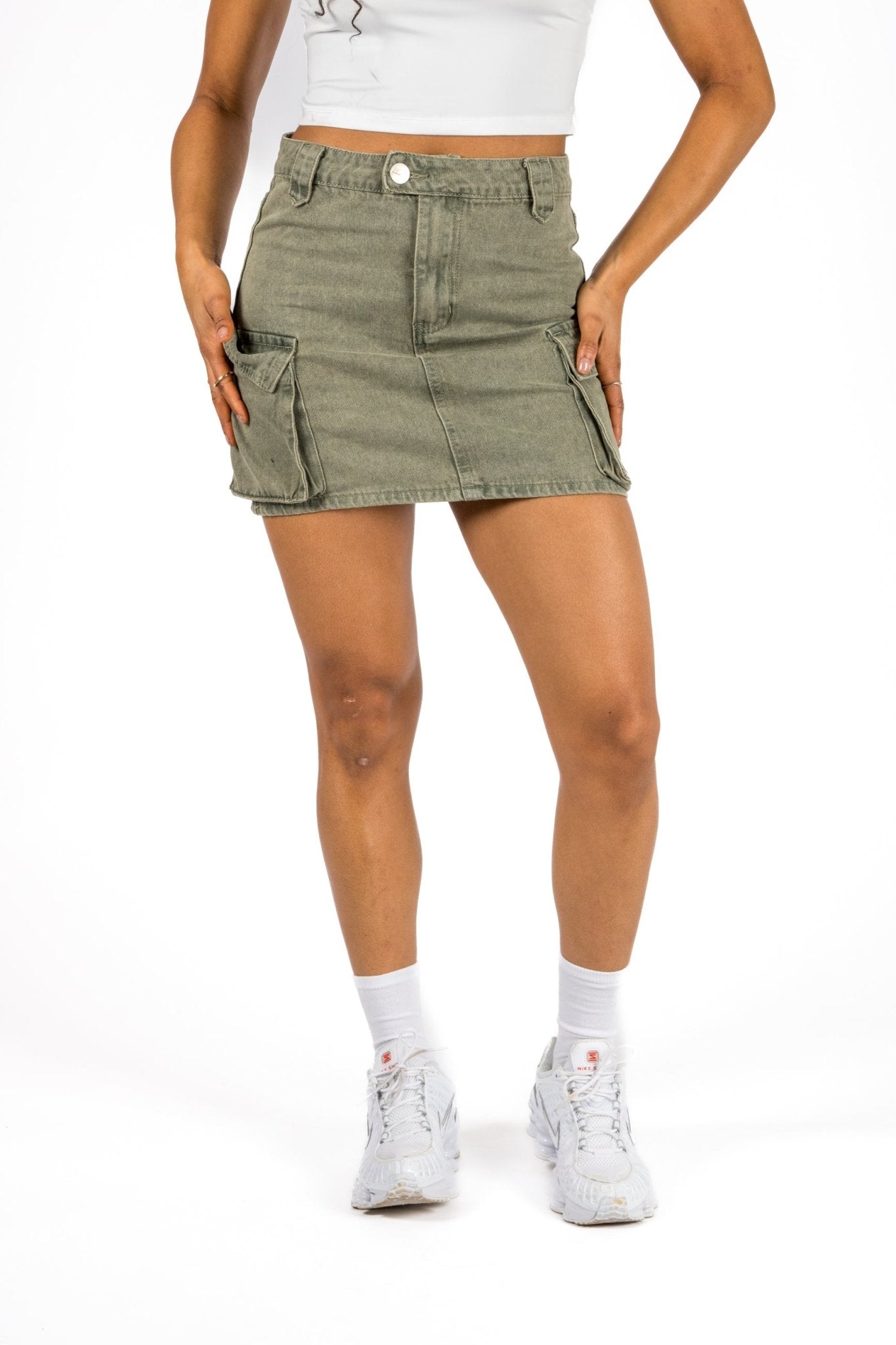 Washed Khaki Utility Denim Mini Skirt - Liquor n Poker