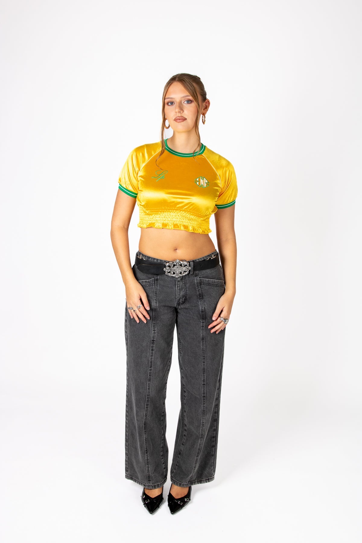 Yellow Ruched Varsity Cropped Tee - Liquor n Poker