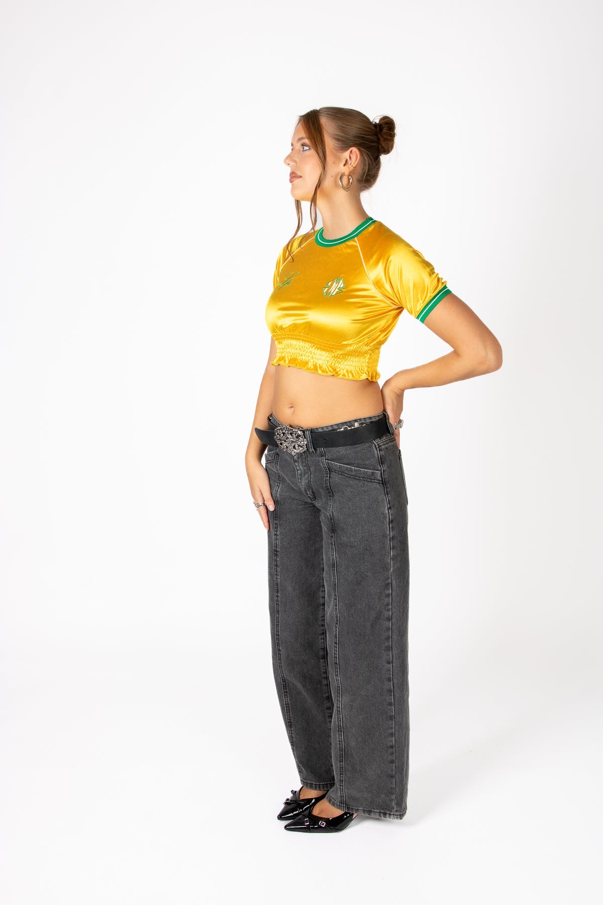 Yellow Ruched Varsity Cropped Tee - Liquor n Poker