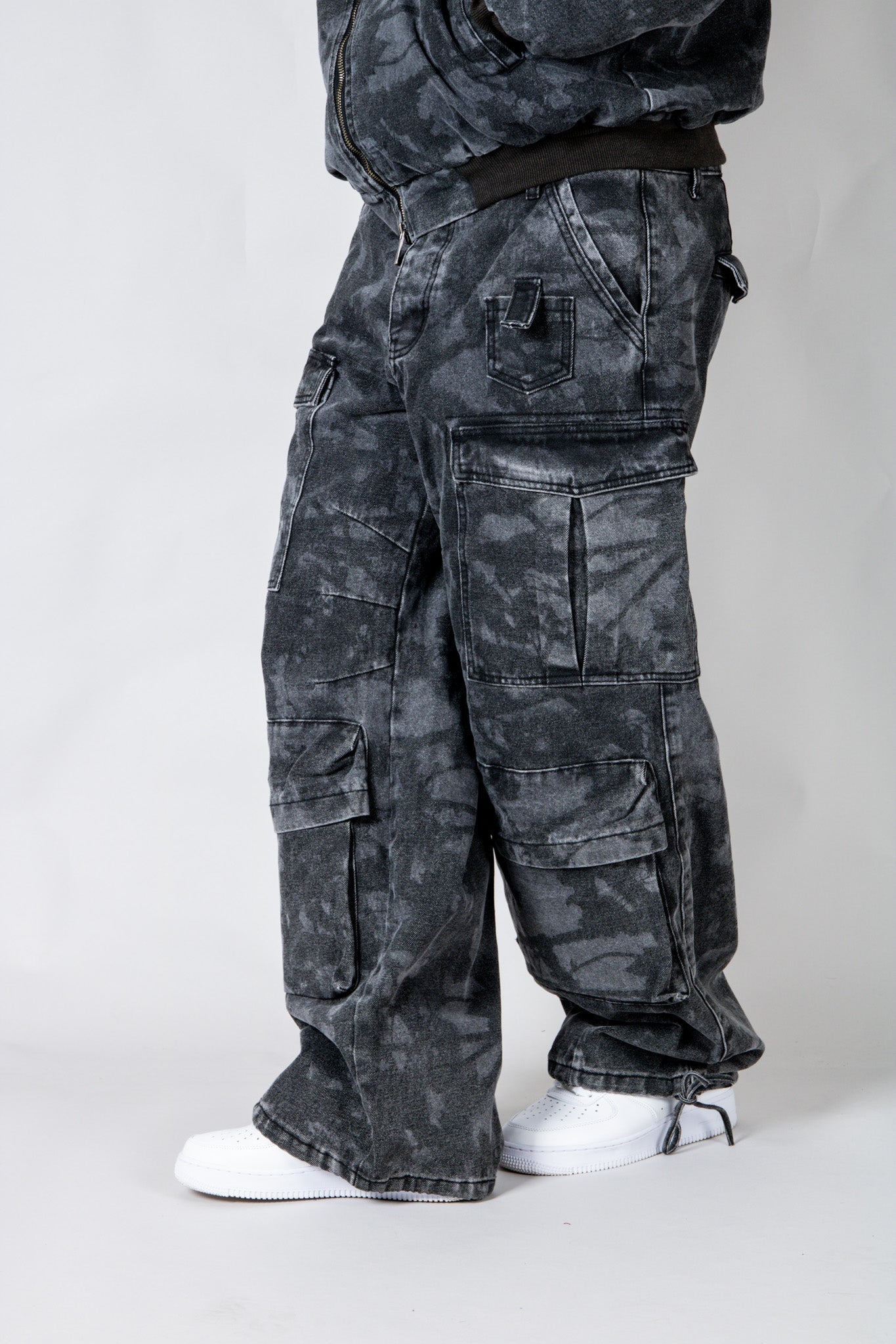 Zane Baggy Printed Tree Camo Cargo Jeans In Acid Tonal Black - Liquor n Poker